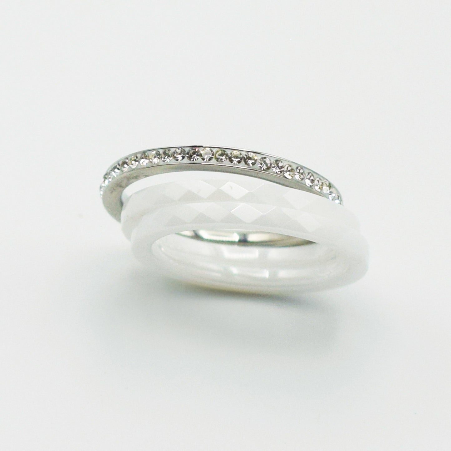 ACIER &CERAMIQUE - Trio de Bagues Blanche en Relief et Strass