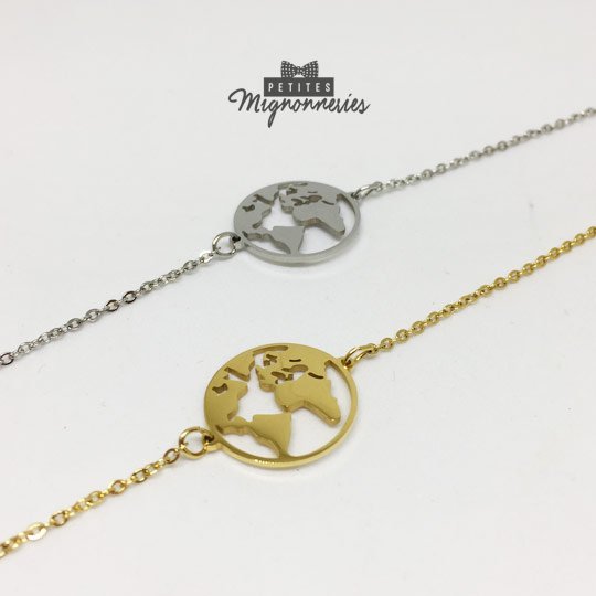 ACIER INOXYDABLE - Bracelet Ajustable Globe-Terrestre