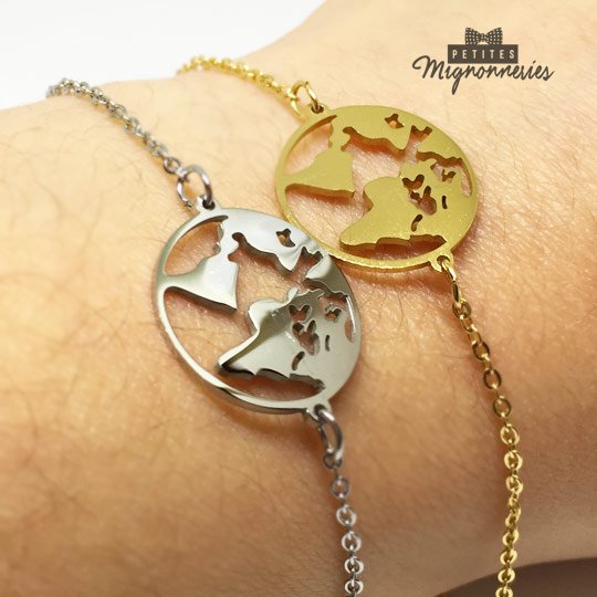 ACIER INOXYDABLE - Bracelet Ajustable Globe-Terrestre