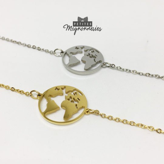 ACIER INOXYDABLE - Bracelet Ajustable Globe-Terrestre